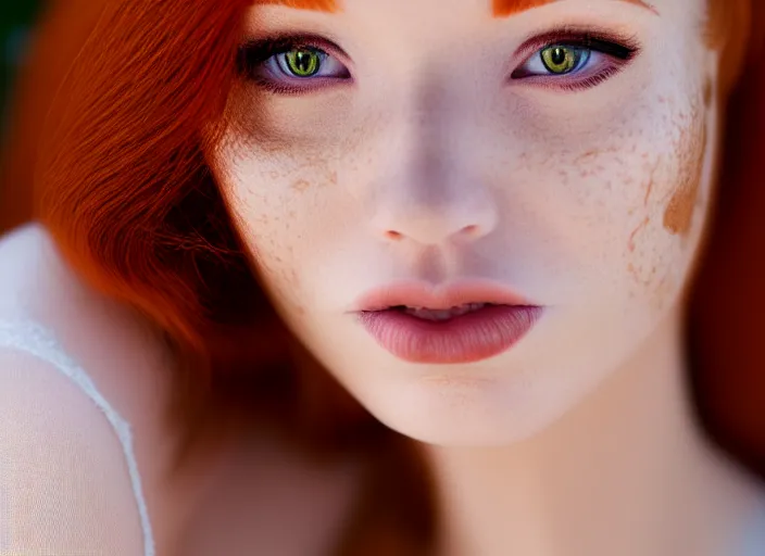 Image similar to 5 5 mm portrait photo of a redhead woman's face with ( intricate cat eyes )!!. highly detailed 8 k. intricate. lifelike. soft light. nikom d 8 5 0. cinematic post - processing