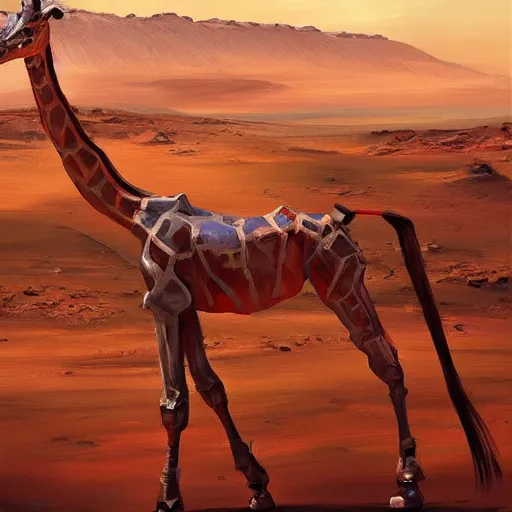 Image similar to a half robot giraffe walking on mars, trending on artstation, art by greg manchess, guangjian, detailed digital art, artstation hd