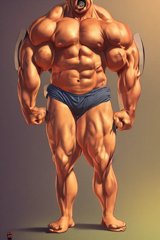 Image similar to upper body portrait of a hulking bulky swole steroids musclebound huge bodybuilder muscular herculean chiseled homer simpson, cinematic lighting, photorealistic, octane render, 8 k, depth of field, 3 d, art by artgerm and greg rutkowski and alphonse mucha and uang guangjian and gil elvgren and sachin ten