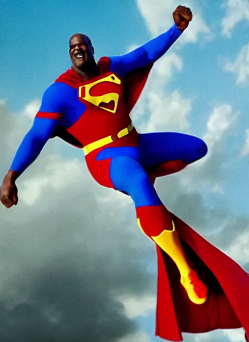 Prompt: film still of Shaquille O'Neal as Superman in Superman, 4k