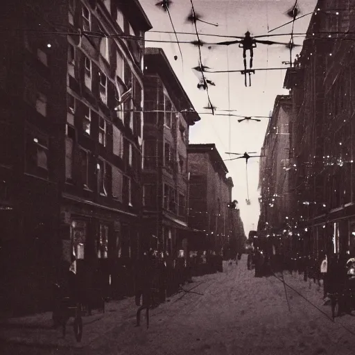 Prompt: grainy 1800s photo of a city street with flying drones and electricity sparking above