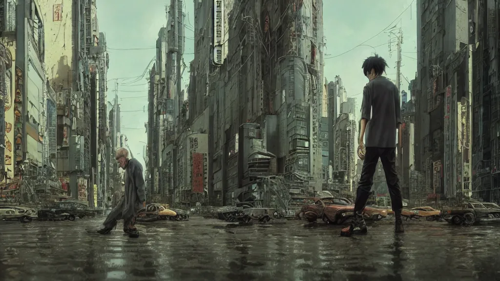 Image similar to realistic aesthetic highly detailed photography of characters in akira scene, characters with hyperrealistic highly detailed faces. from akira by katsuhiro otomo and alejandro hodorovski and denis villeneuve and gregory crewdson style with many details by mike winkelmann and vincent di fate in sci - fi style. volumetric natural light hyperrealism photo on dsmc 3 system
