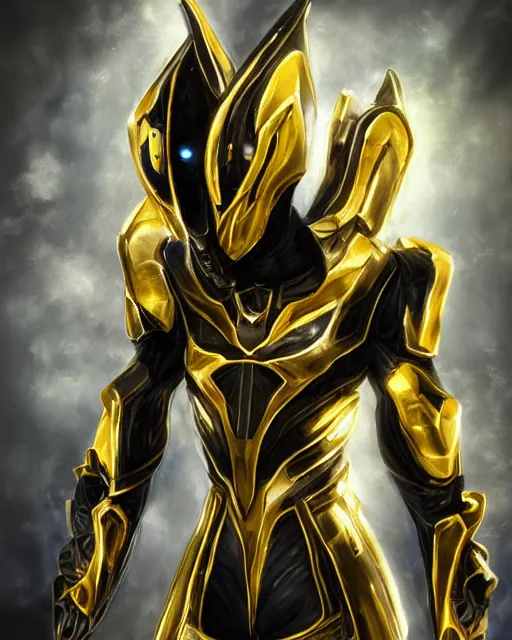 Image similar to black and gold warframe armor cinematic detailed photorealistic digital artwork digital painting