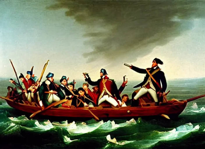 Prompt: oil painting of Washington Crossing the Delaware but Washington is taking a selfie