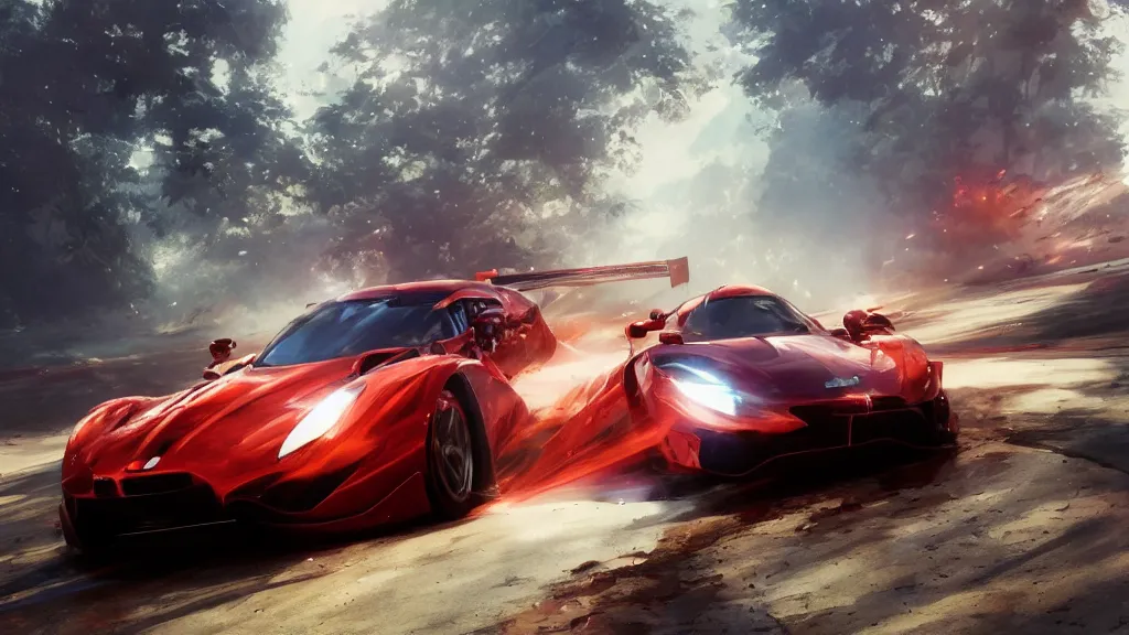 Image similar to Racing car red trail behind it, cinematic shot, epic, volumetric lighting, made by Stanley Artgerm Lau, WLOP, Rossdraws, ArtStation, CGSociety, concept art, cgsociety, octane render, trending on artstation, artstationHD, artstationHQ, unreal engine, 4k, 8k,