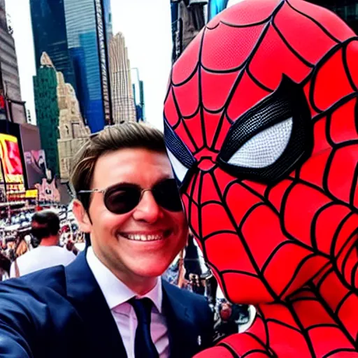 Prompt: a selfie spider - man took with donald trump at time square i'm nyc.