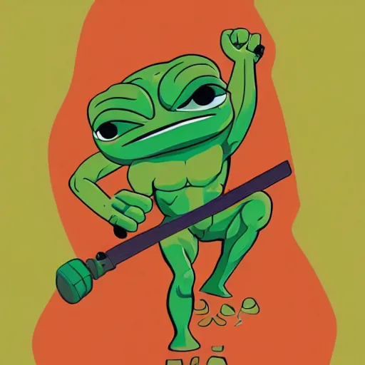 Image similar to Pepe frog muscular warrior character in Joan Cornella style, HD , 4K, volume light, sharp focus, cinematic composition, dramatic pose, hyper detailed,