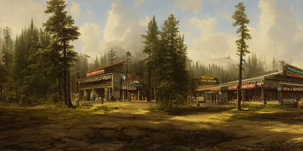 Image similar to epic matte painting of a 7 - eleven by ivan shishkin and asher brown durand