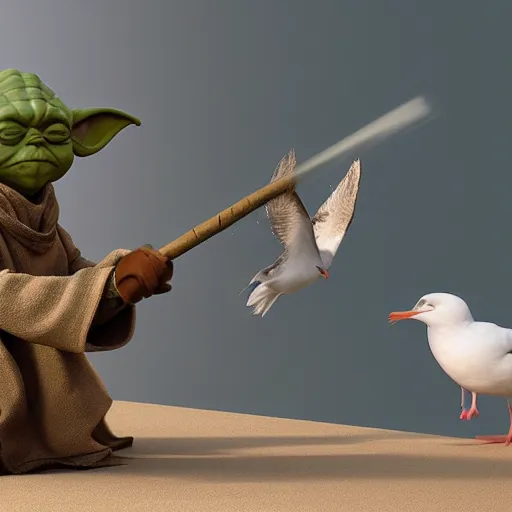 Image similar to Yoda smacking a seagull with a stick, hyperdetailed, artstation, cgsociety, 8k