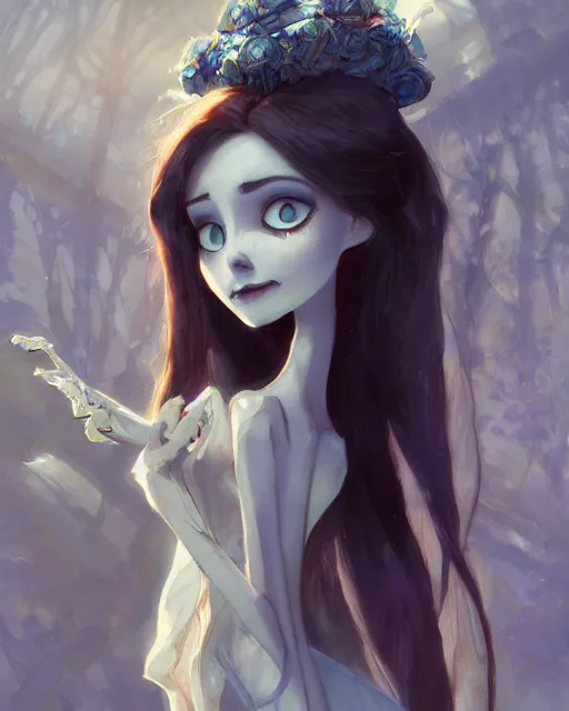 Prompt: still film, elegant mysterious gracious undead victoria everglot from the corpse bride if made by krenz cushart and wenjun lin, portrait, illustration, rim light, top light, summer clear blue sky, perfectly shaded, soft painting, epic, intricate, art