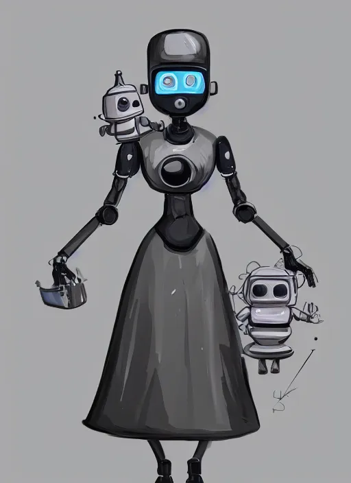 Prompt: a robot wearing a maid dress, smiling, full body shot, highly detailed, digital painting, artstation, concept art, smooth, sharp focus, illustration