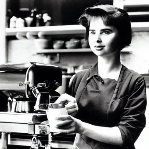 Image similar to young isabella rossellini working as a barista