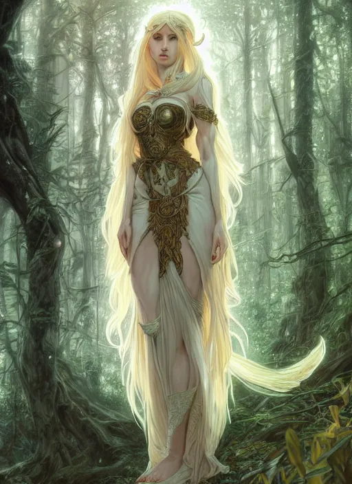 Prompt: full body of a fantasy elf female sorceress queen with long hair flowing in an ancient forest filled with magic, highly detailed, digital painting, artstation, smooth, sharp focus, illustration, art by artgerm and greg rutkowski and alphonse mucha, intricate dress, fine