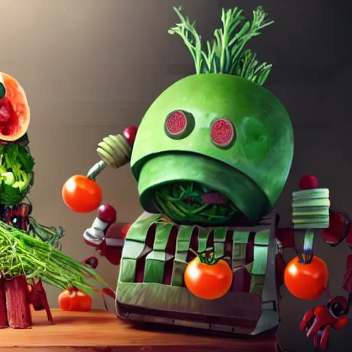 Image similar to robot made of vegetables, tomato head and a carrot sword, made in abyss style