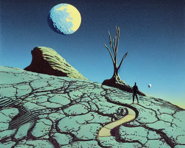 Prompt: roger dean 1 9 8 0 s art of a lone wanderer walking in the dry desert of a strange bizarre alien planet surface, moon in sky, imagery, illustration art, album art