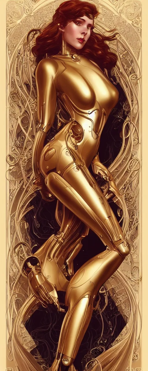 Image similar to beauty art nouveau woman, gold robotic, trending on artstation, by Artgerm