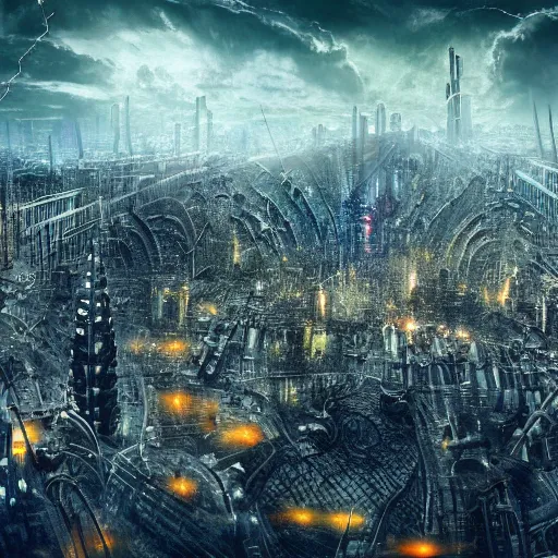 Prompt: megacity, hive city, futuristic dystopian endless, intricate, complex, labyrinthine, byzantine, tangled, matte painting, night, gloomy, dark, dramatic, cinematic, volumetric lighting, gods eye view