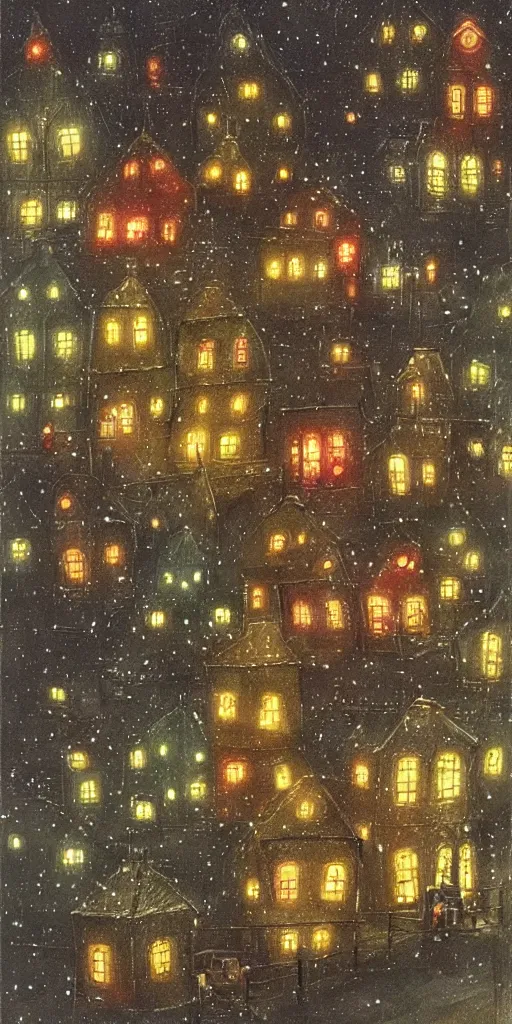 Image similar to a christmas night village scene by alexander jansson