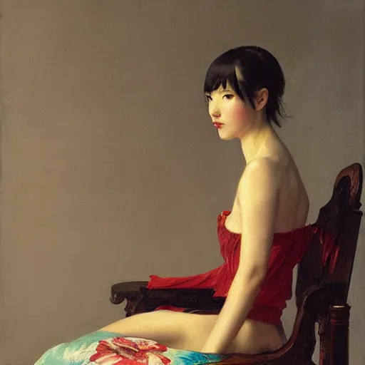 Prompt: painting by frederic edwin church, balaskas christoper, conrad roset, coby whitmore, and chie yoshii. of a pretty cute kawaii japanese girl sitting on antique chair leaning against a desk, sideview, victorian room