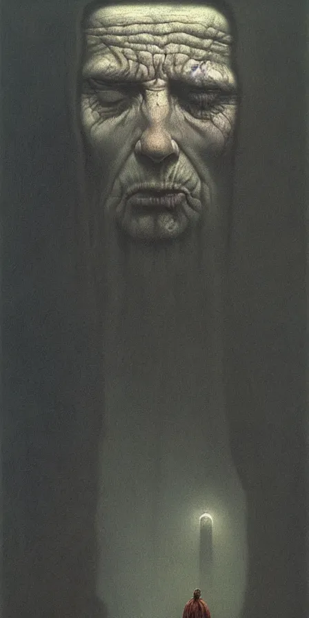 Image similar to potrait of a man filled with despair, by Zdzislaw Beksinski, gothic, amazing details, cold hue's, warm tone gradient background