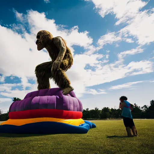 Image similar to cinematic photo of a 1 2 foot high big foot on a jumping castle with scared children, overcast, dark shadows