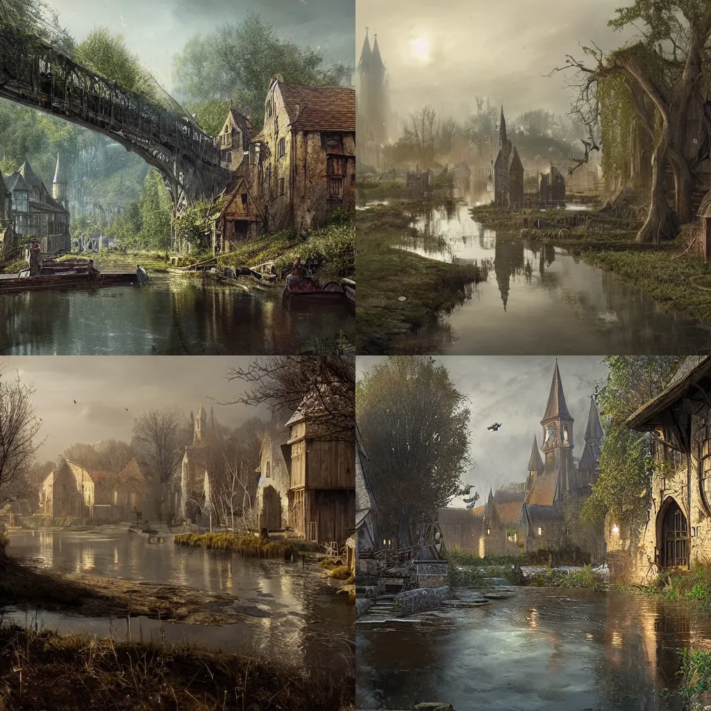 Prompt: a downtrodden medieval town by a river in a swamp surrounded by a magical transparent barrier, 4k, by Greg Rutkowski, fantasy, mix of celtic and Rus architecture, cinematic