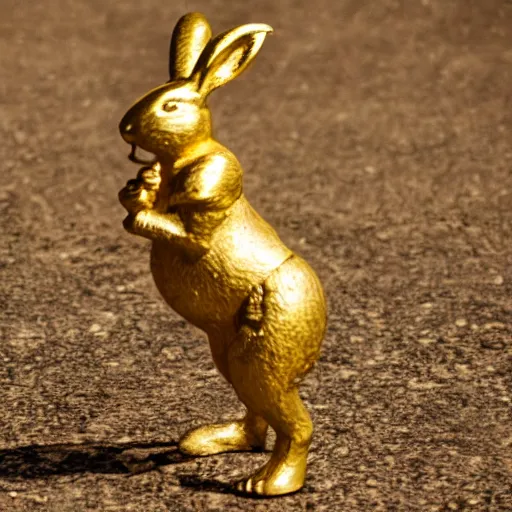 Image similar to a bunny in golden armor, zeiss lens, 5 0 mm, dynamic pose, action pose