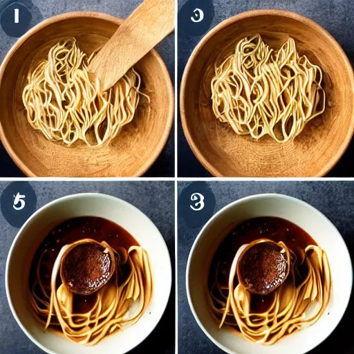 Image similar to making of an edible giraffe from noodles and soy sauce in 4 steps, starting with a bowl of noodles and ending with a noodle giraffe, each step is a progression from the last, dslr