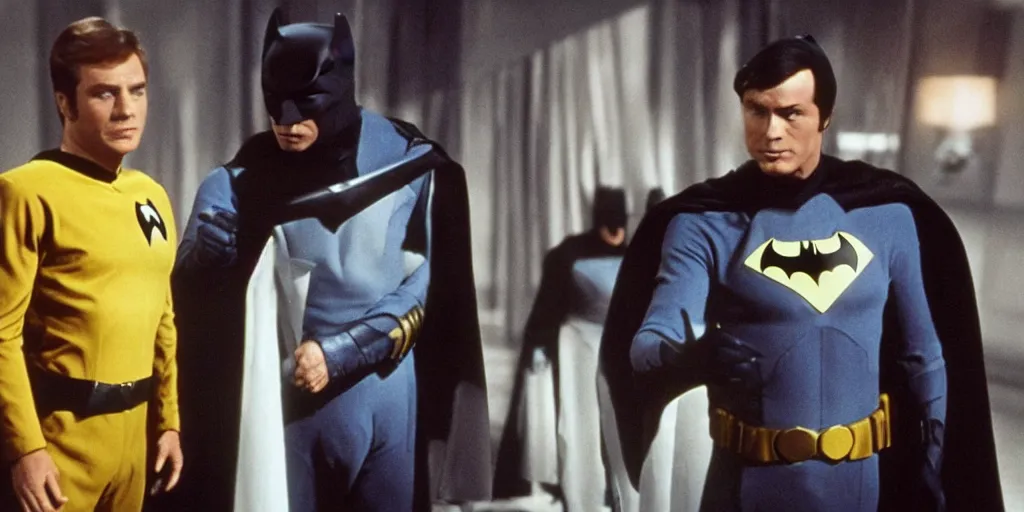 Prompt: Batman, in Starfleet uniform, in the role of Captain Kirk in a scene from Star Trek the original series