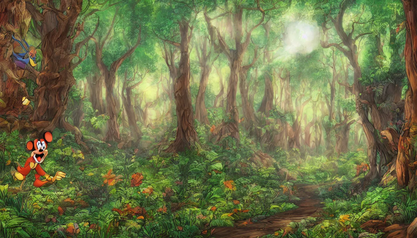 Prompt: a clearing in a forest, Disney cartoon, animation, high detail, colorful