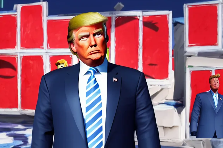 Image similar to Donald trump in Fortnite, skin selection screen, screenshot