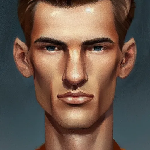 Prompt: tall man in his twenties with brown blond short quiff hair and thin slightly round facial structure with cleft chin, straight eyebrows and prominent nose, good definition of cheekbones, big hazel nut brown eyes, narrow face, slim body, atmospheric lighting, painted, intricate, 4 k, highly detailed by charlie bowater