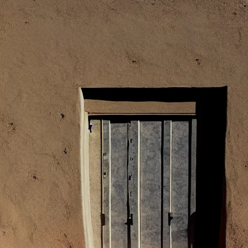 Image similar to a long, ground level shot of a standard door made of metal, the door has a shell made of concrete, facing the camera, set somewhere in nevada desert, barren mountains far away, centered composition, high noon, brightly-lit, yellow cinematic lighting