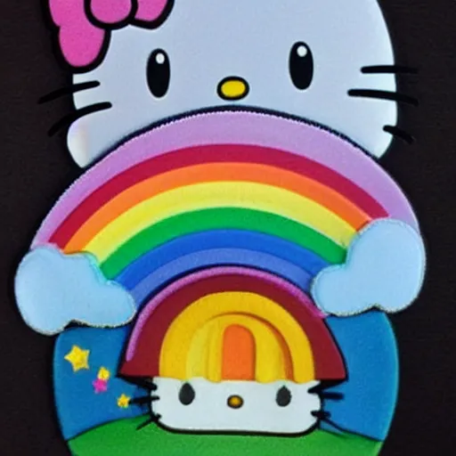 Prompt: Hello kitty riding a unicorn over a rainbow,