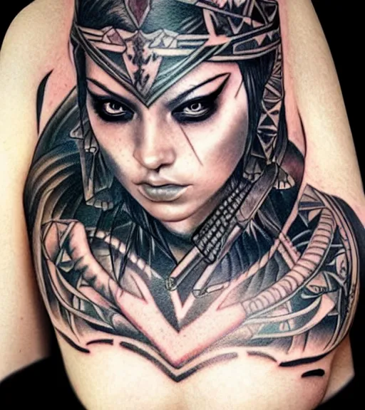 Image similar to tattoo design of a hyper realistic beautiful girl warrior, hyper detailed, inspired by eliot kohek, on white background