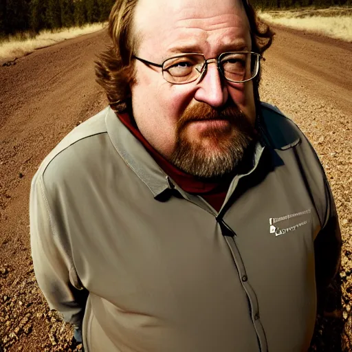 Image similar to portrait, high resolution, gabe newell as walter white on dirt road