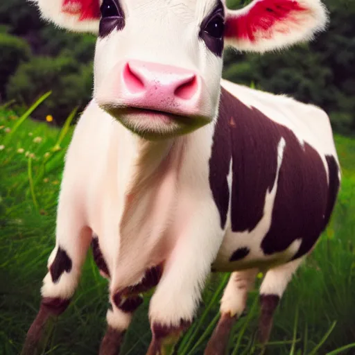 Prompt: very very very very cute chibi baby cow, portrait, pixar style, happy meadow background, cinematic lighting, award winning creature portrait photography