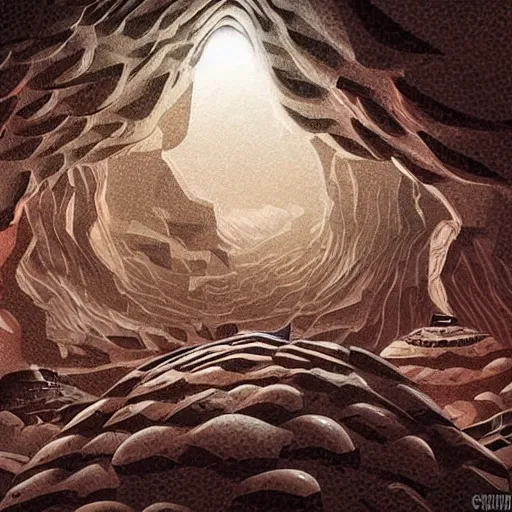 Prompt: art found in a cave on an alien planet, strange geometric patterns, strange animals, intricate details, concept art,