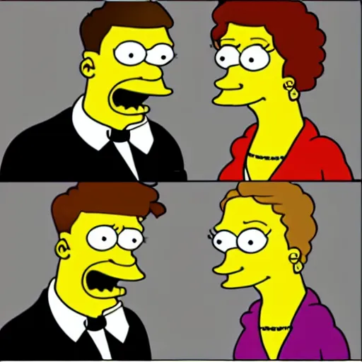 Image similar to a beautiful scrinshort of wedding couple in style of simpsons cartoon, coherent symmetrical faces