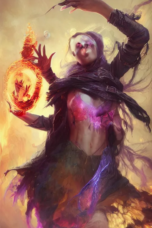 Image similar to beautiful girl necromancer, witch - doctor exploding into rainbow velvet, angels, 3 d render, hyper - realistic detailed portrait, holding fire and electricity, ruan jia, wlop. scifi, fantasy, magic the gathering, hyper detailed, octane render, concept art, peter mohrbacher