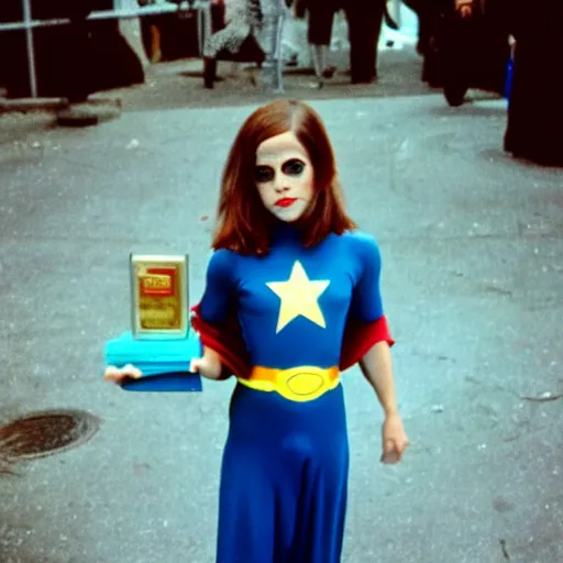 Prompt: emma watson, superhero halloween costume, award winning, kodak ektachrome expired blue tint,