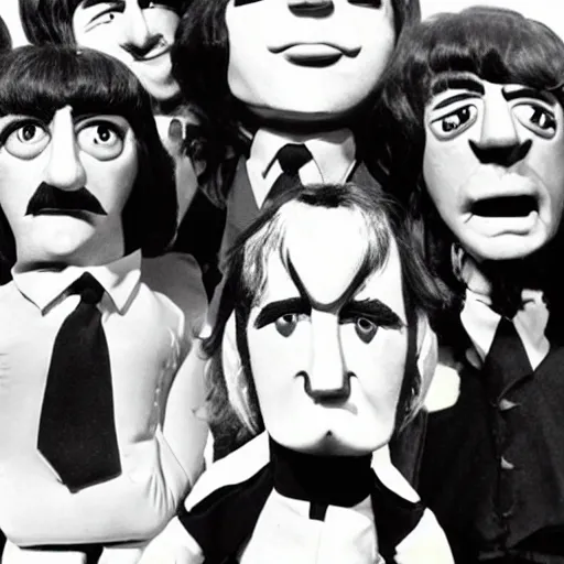 Image similar to stills from puppets movie by gerry anderson aboutt the beatles, vintage film, 1 9 6 0 s