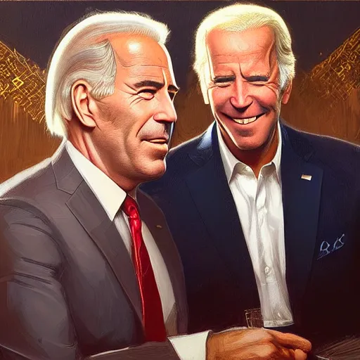 Prompt: Beautiful face Portrait of Jeffrey Epstein and Joe Biden drinking together, powerful , magic, thunders, dramatic lighting, intricate, wild, highly detailed, digital painting, artstation, concept art, smooth, sharp focus, illustration, art by artgerm and greg rutkowski and alphonse mucha, footage from space camera