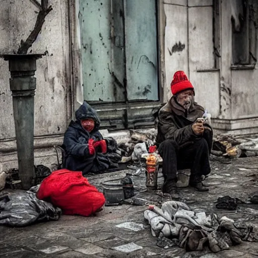 Image similar to ukraine after nuclear war, beggars hungry scary bums and devastation