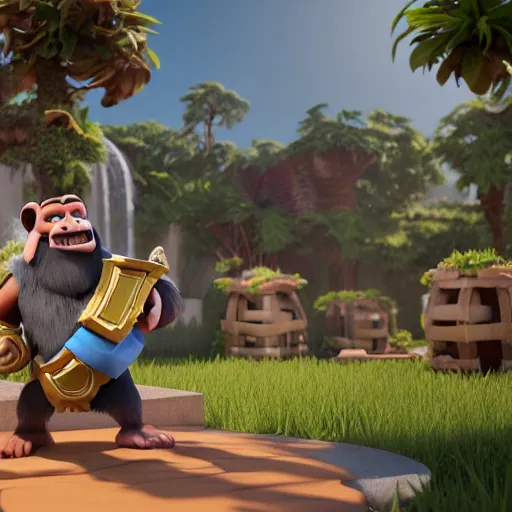 Image similar to royale monkey, clash royale, concept art, octane render, unreal engine 5, highly detailed, high quality, 8 k, soft lighting, realistic face, path traced