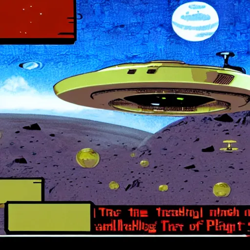 Image similar to screenshot from 1 9 8 0 s point and click star trek game showing a landing party on an alien planet