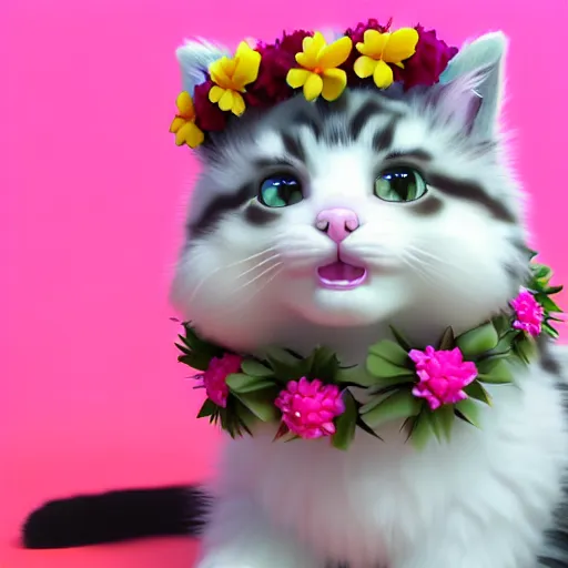 Image similar to high quality 3 d render very cute fluffy cat with hawaiian lei necklace and flower crown on head, highly detailed, unreal engine cinematic smooth low angle, uhd 8 k, sharp focus