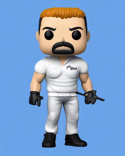 Image similar to 3 d render of a freddie mercury, white sleeveless tank top blue jeans as a funko pop!, four, studio lighting, white background, single body, no shadow, blender, trending on artstation, 8 k, highly detailed