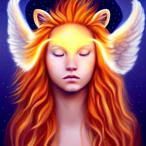 Image similar to Portrait of a girl angel with pale orange colored frizzy strands of illuminated hair, Lion essence, cat ears on her head, glowing halo, Lion's Mane, Cosmic, Lion's Gate, 8/8, fantasy, intricate, elegant, highly detailed, digital painting, artstation, concept art, smooth, sharp focus, illustration, art by Krenz Cushart and Artem Demura and alphonse mucha