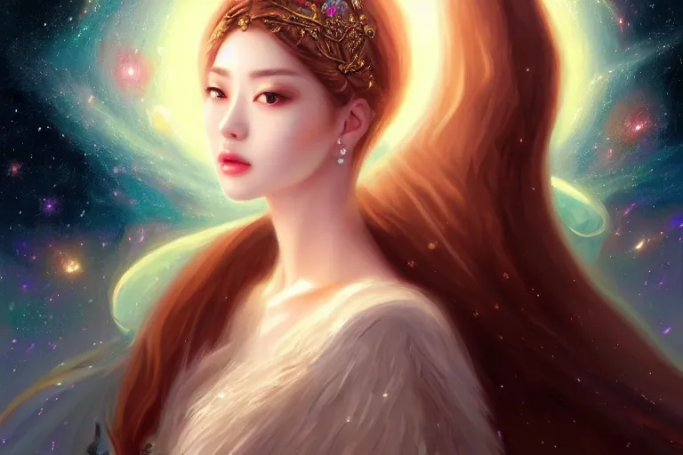 Prompt: masterpiece portrait charming and miracle female luxury france astromancer arty accessories in dreamlike movie, kpop, miracle, high detailed face, art by artgerm, greg rutkowski, sasoura, satchely, big major starry sky and atlantis city in background, uhd, medium long shot, fantasy, twlight, no distorsion, sharp focus